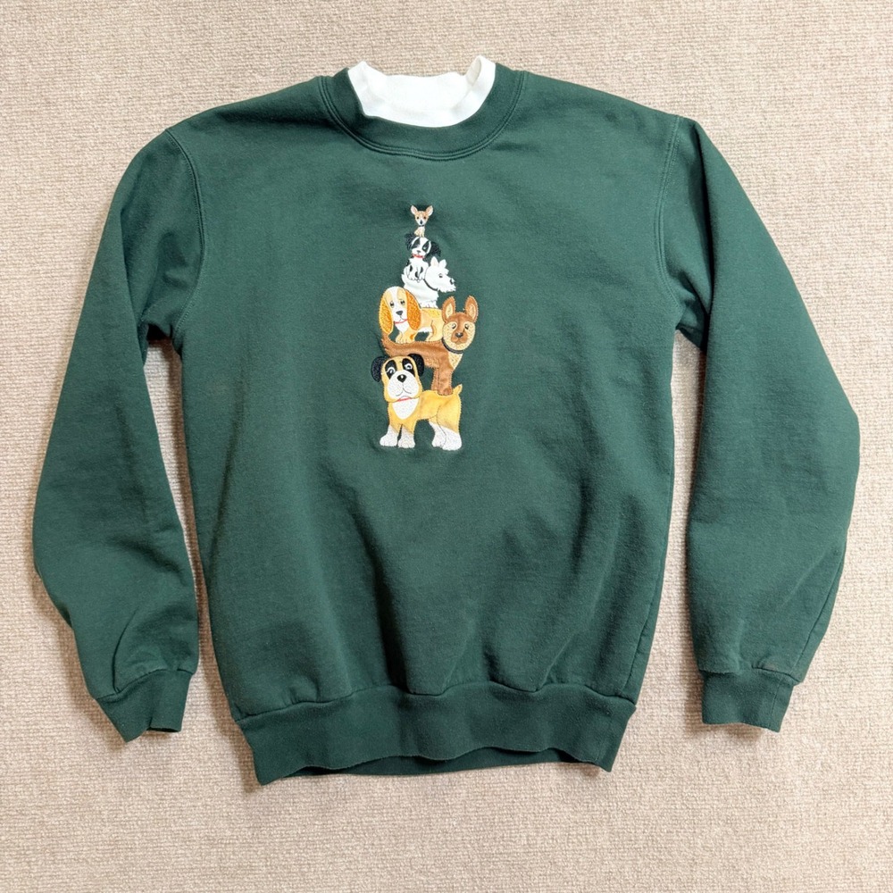 VTG Decorated Originals Dog Stack Embroidered Sweatshirt Green Double Collar S
